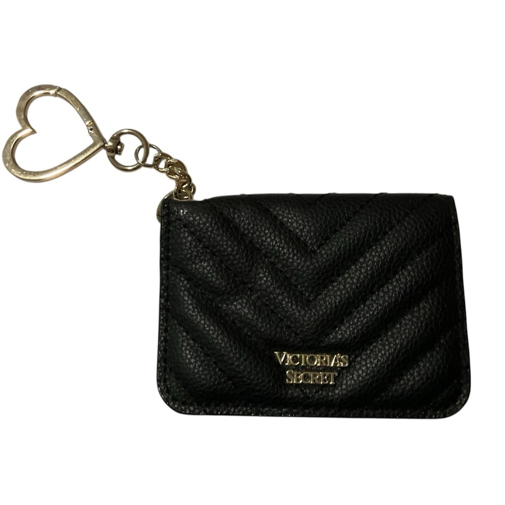 Victoria's Secret Black Quilted Card Holder with Gold Heart Keychain